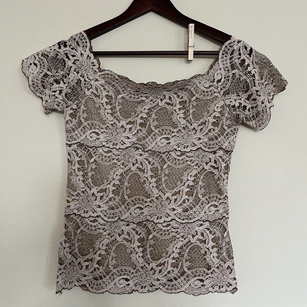 Boston Proper Short Sleeve Stretch Lace Gold Champagne Boat Neck Lined Top SZ S